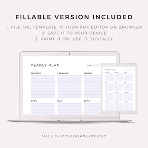 Puede incluir: Un port&aacute;til y una tableta muestran una plantilla de plan anual. El port&aacute;til muestra un dise&ntilde;o detallado con secciones mensuales, mientras que la tableta presenta una versi&oacute;n condensada. El texto en la parte superior dice "FILLABLE VERSION INCLUDED". El texto inferior dice "MADE BY MYLIFEPLANS ON ETSY".