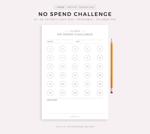 30 Day No Spending Challenge, Money Saving Challenge, Savings Tracker, Budget Planner, A4/A5/Letter/Half, Instant Download PDF
