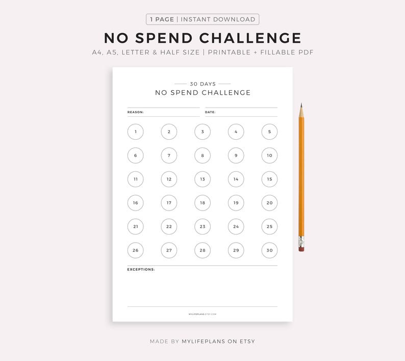 30 Day No Spending Challenge, Money Saving Challenge, Savings Tracker, Budget Planner, A4/A5/Letter/Half, Instant Download PDF image 1