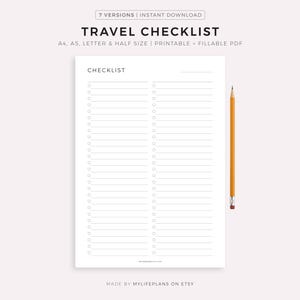 Lista de verificação de viagem em branco para trabalho/férias - Documentos de viagem, eletrônicos, roupas e sapatos, acessórios, artigos de higiene/saúde, etc.