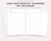 2026-2030 Monthly Calendars on Two Pages with Notes, Printable Calendar Template PDF, Year Calendar, Monday/Sunday Start, A4/A5/Letter/Half