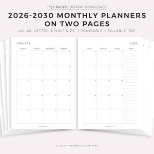 2026-2030 Monthly Calendars on Two Pages with Notes, Printable Calendar Template PDF, Year Calendar, Monday/Sunday Start, A4/A5/Letter/Half