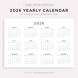 2026 Year Calendar Printable Landscape, Minimalist Calendar, Yearly Wall Calendar, Desk Calendar, Sunday & Monday Start, A4/Letter