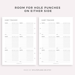 May include: Two white habit tracker pages with a minimalist design. Each page features sections for tracking habits, with space for dates and checkboxes. Text at the top reads "ROOM FOR HOLE PUNCHES ON EITHER SIDE."
