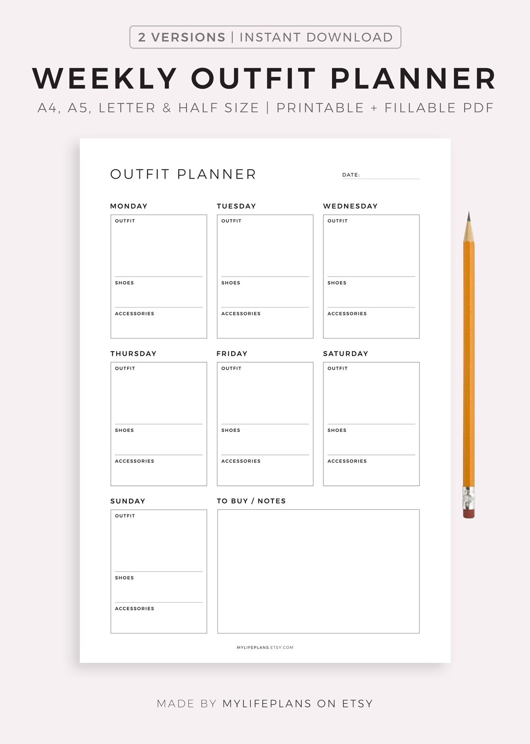 Weekly Outfit Planner for Work, Daily Activities, Special Events, Gym
