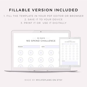 May include: A printable 30-day no spend challenge tracker. The tracker has a section for the reason for the challenge and the date. There are 30 circles to mark off each day of the challenge.
