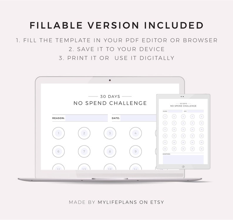 May include: A printable 30-day no spend challenge tracker. The tracker has a section for the reason for the challenge and the date. There are 30 circles to mark off each day of the challenge.
