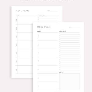 May include: Two printable meal planner pages with a black and white design. The pages include a section for meals, groceries, and notes. The text "VERSION 1" and "SUNDAY & MONDAY STARTS INCLUDED" is at the top of the page.
