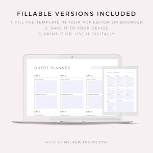 May include: A digital planner template for outfit planning. The template is displayed on a laptop and tablet screen. The template is divided into six days, with sections for day and evening outfits.