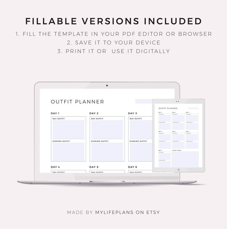 May include: A digital planner template for outfit planning. The template is displayed on a laptop and tablet screen. The template is divided into six days, with sections for day and evening outfits.
