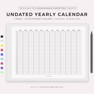 Undatierter Jahreskalender für Remarkable Paper Pro, das Jahr auf einen Blick, das Jahr auf einer Seite, Jahresübersicht, Querformat, sofort Download