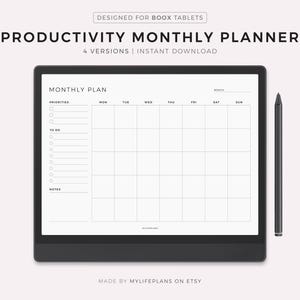 Può includere: Un planner mensile di produttività in bianco e nero progettato per tablet Boox. Il planner include sezioni per le priorità, gli elenchi di cose da fare e le note. Ha anche una griglia di calendario per ogni giorno della settimana.