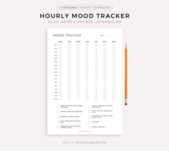 Hourly Mood Tracker Printable, Weekly Mood Journal, Emotion Tracker, Mood Chart, Wellness Planner, A4/A5/Letter/Half, Instant Download PDF