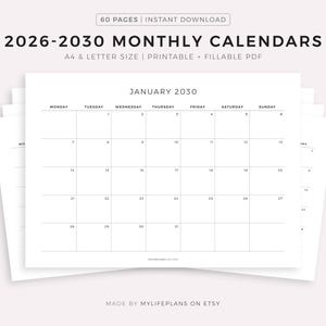 Månadskalendrar 2026-2030 Liggande, Utskrivbar kalendermall, Minimalistisk kalender, Årskalender, Måndag/Söndag Start, A4/Letter