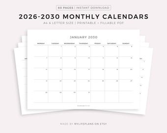 Calendários mensais 2026-2030 em formato paisagem, modelo de calendário imprimível, calendário minimalista, calendário anual, início na segunda-feira/domingo, A4/Carta