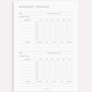 Puede incluir: Un rastreador de entrenamiento imprimible con secciones para registrar la fecha, el enfoque de entrenamiento, el ejercicio, las series, el peso, las repeticiones, el cardio, la distancia, el tiempo, el ritmo, la frecuencia card&iacute;aca y las calor&iacute;as. El rastreador tiene dos p&aacute;ginas.