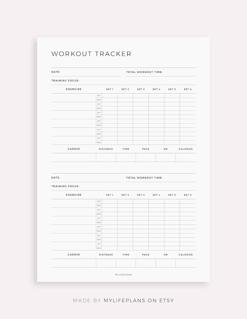 Puede incluir: Un rastreador de entrenamiento imprimible con secciones para registrar la fecha, el enfoque de entrenamiento, el ejercicio, las series, el peso, las repeticiones, el cardio, la distancia, el tiempo, el ritmo, la frecuencia card&iacute;aca y las calor&iacute;as. El rastreador tiene dos p&aacute;ginas.