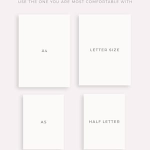 May include: Four white paper rectangles with text indicating different sizes: A4, Letter Size, A5, and Half Letter. The text "AVAILABLE IN 4 SIZES" is at the top of the image. The text "USE THE ONE YOU ARE MOST COMFORTABLE WITH" is below the text "AVAILABLE IN 4 SIZES". The text "MADE BY MYLIFEPLANS ON ETSY" is at the bottom of the image.