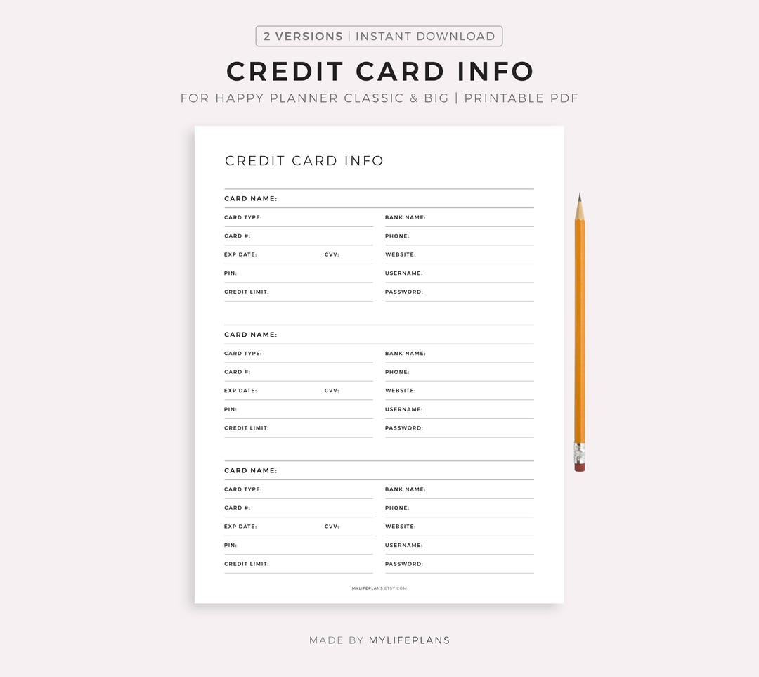 Info Tracking Cards.pdf Credit Card Information Tracker, Printable Template for Happy Planner ...