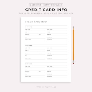 Può includere: Un documento PDF stampabile intitolato "CREDIT CARD INFO" per Happy Planner Classic & Big. Il documento presenta campi per i dettagli della carta, le informazioni bancarie e una matita sul lato destro. Il documento è bianco con testo nero.
