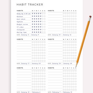 May include: A white habit tracker with the word "EXAMPLE" at the top. The tracker includes sections for habits, dates, and checkboxes for each day of the week. A yellow pencil rests on the right side.