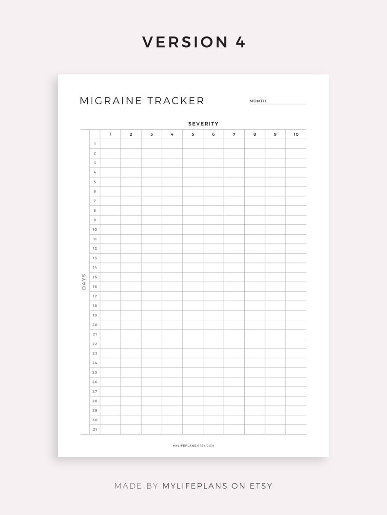 May include: A printable migraine tracker with a grid for logging the severity of migraines on a scale of 1 to 10, with days of the month listed on the left side and the month at the top.