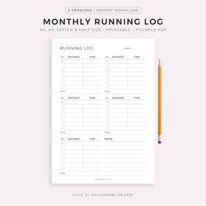 Plantilla imprimible de registro mensual de carrera, diario de carrera, registro de entrenamiento cardiovascular, seguimiento de carrera, objetivos de fitness, tamaño A4/A5/carta/media página