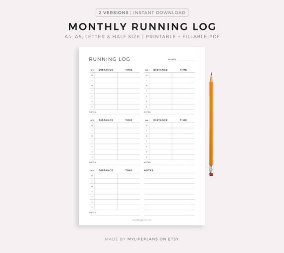 Monthly Running Log Printable Template, Running Journal, Cardio Training Log, Running Tracker, Fitness Goals, A4/A5/Letter/Half Size