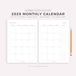May include: A minimalist 2029 monthly calendar, printable and fillable in A4, A5, letter, and half sizes. The calendar features a clean, white design with a simple layout for each month, including space for notes. A pencil is placed on the right side.