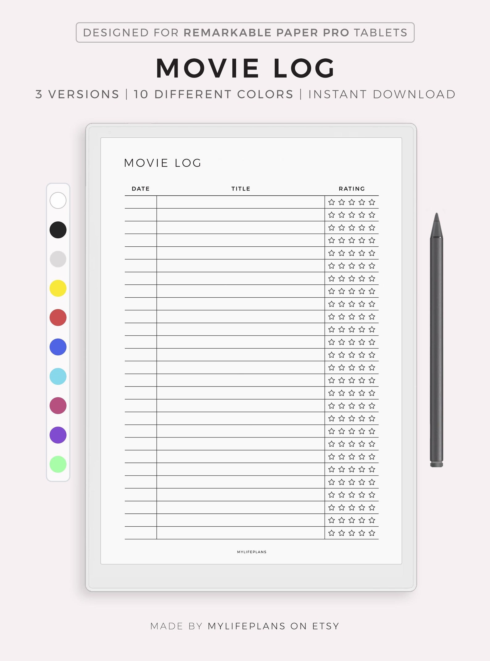 Movie Log Template for Remarkable Paper Pro, Instant Download - Etsy