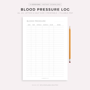 Blood Pressure Log Printable Template, Daily Blood Pressure Tracking, Blood Pressure Chart, Medical Tracker, A4/A5/Letter/Half Size