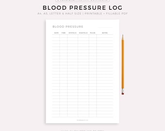 Blood Pressure Log Printable Template, Daily Blood Pressure Tracking, Blood Pressure Chart, Medical Tracker, A4/A5/Letter/Half Size