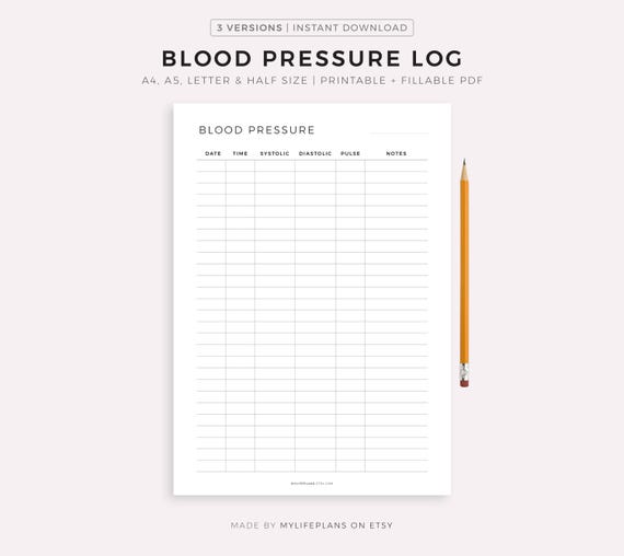 Blood Pressure Log Printable Template, Daily Blood Pressure Tracking, Blood Pressure Chart, Medical Tracker, A4/A5/Letter/Half Size