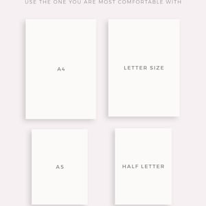 May include: Four white squares with black text showing the different sizes available for a printable: A4, Letter Size, A5, and Half Letter.