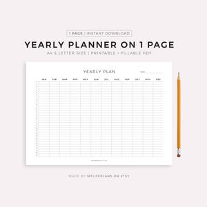 Planner annuale su 1 pagina orizzontale, anno in sintesi, modello di calendario PDF, formato A4/lettera, stampabile e compilabile, download immediato