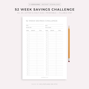52 Week Savings Challenge Printable, Yearly Saving Plan, Savings Tracker, Finance Planner, A4/A5/Letter/Half, Instant Download PDF