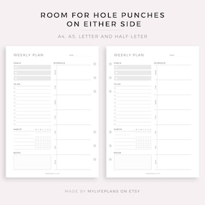 May include: A printable weekly planner template with sections for goals, to-do lists, habits, and notes. The template is designed for A4, A5, Letter, and Half-Letter sizes and has space for hole punches on either side.