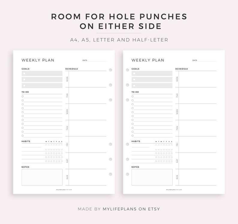 May include: A printable weekly planner template with sections for goals, to-do lists, habits, and notes. The template is designed for A4, A5, Letter, and Half-Letter sizes and has space for hole punches on either side.