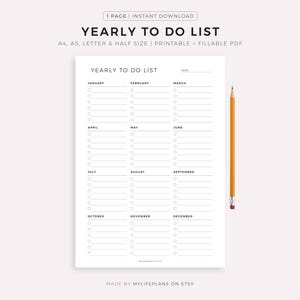 Jährliche To Do Liste, Jährliche Aufgaben, Jahresplaner, Minimalistischer Planer, A4/A5/Letter/Halb, druckbar & ausfüllbar, PDF Download
