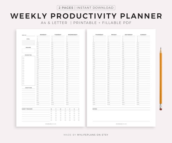 Weekly Productivity Planner Printable, Goal Planner, Habit Tracker, Agenda  to Do List, Weekly Schedule, Daily Planner PDF, A4 & Letter 