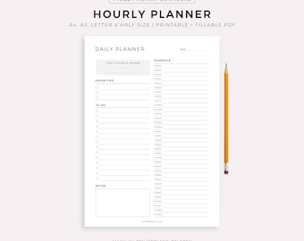 Daily Hourly Planner Printable, Work Daily Planner, Daily Organizer, Daily To Do List, A5/A4/Letter/Half Letter