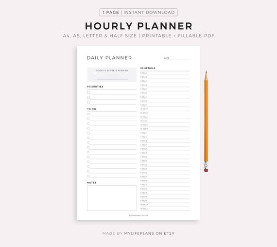 Daily Hourly Planner Printable, Work Daily Planner, Daily Organizer, Daily To Do List, A5/A4/Letter/Half Letter