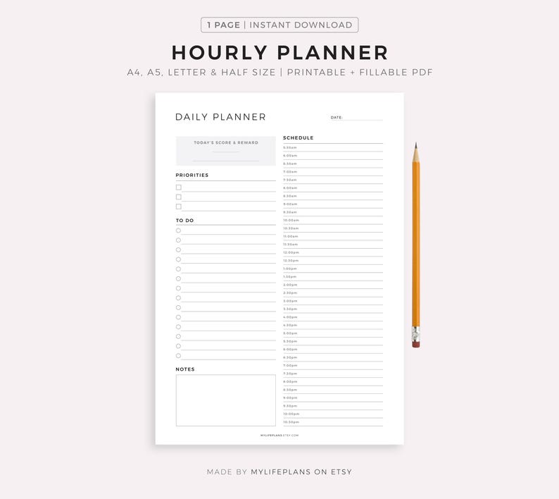 Daily Hourly Planner Printable, Work Daily Planner, Daily Organizer, Daily To Do List, A5/A4/Letter/Half Letter image 1