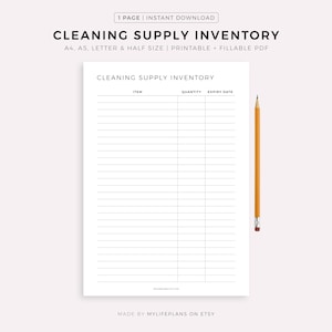 Afdrukbare inventaristracker schoonmaakbenodigdheden voor thuis of op het werk: sponzen, papieren handdoeken, lappen, vuilniszakken, handschoenen, sprays, enz...
