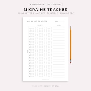 Maandelijkse afdrukbare sjabloon migraine tracker, hoofdpijn pijn tracker, migraine ernst, gezondheidsplanner, A4/A5/Letter/Half, Instant Download