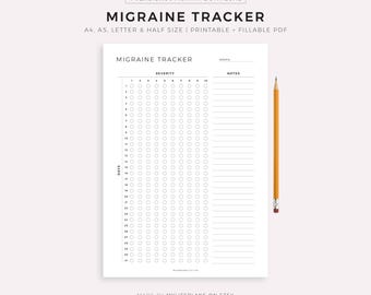 Monthly Migraine Tracker Printable Template, Headache Pain Tracker, Migraine Severity, Health Planner, A4/A5/Letter/Half, Instant Download