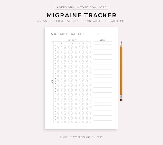 Monthly Migraine Tracker Printable Template, Headache Pain Tracker, Migraine Severity, Health Planner, A4/A5/Letter/Half, Instant Download