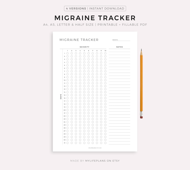 Monthly Migraine Tracker Printable Template, Headache Pain Tracker, Migraine Severity, Health Planner, A4/A5/Letter/Half, Instant Download image 1
