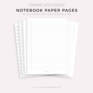 Afdrukbare pagina's notebookpapier, A4/A5/Letter/half formaat, pdf direct downloaden