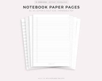 Notebook Paper Pages Printable, A4/A5/Letter/Half Size, Instant Download PDF
